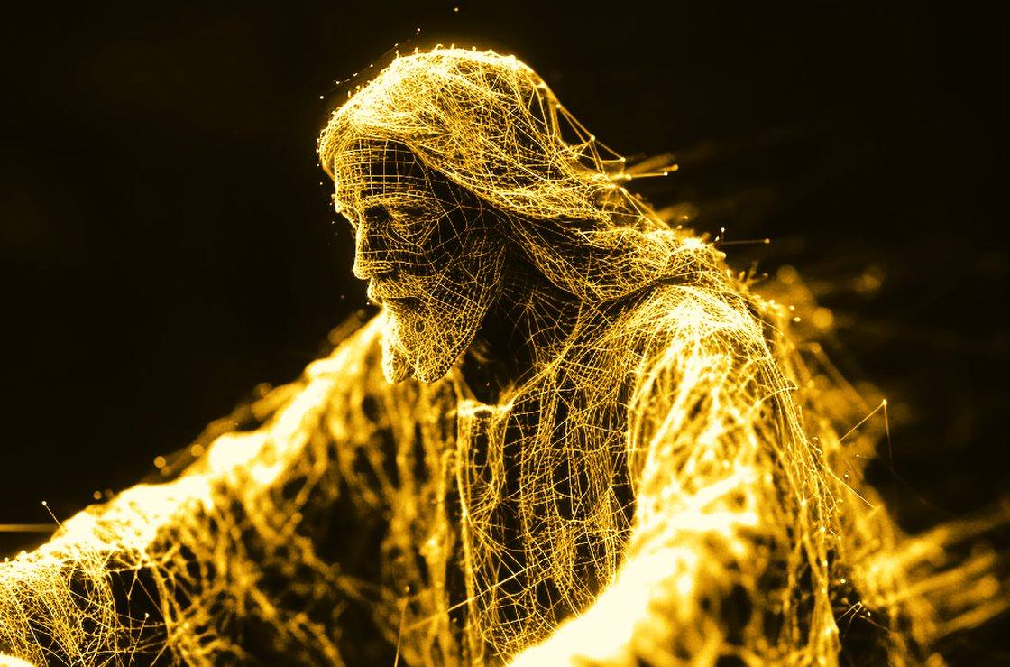 Jesus Christ as a golden digital wireframe